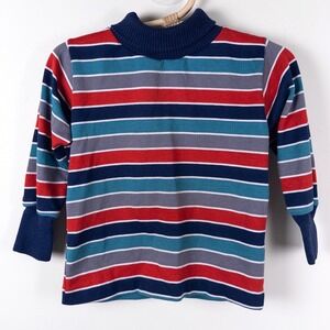 Vintage 90s Health-tex Striped Turtle Neck Top Kids 3T Navy Red Teal Made in USA